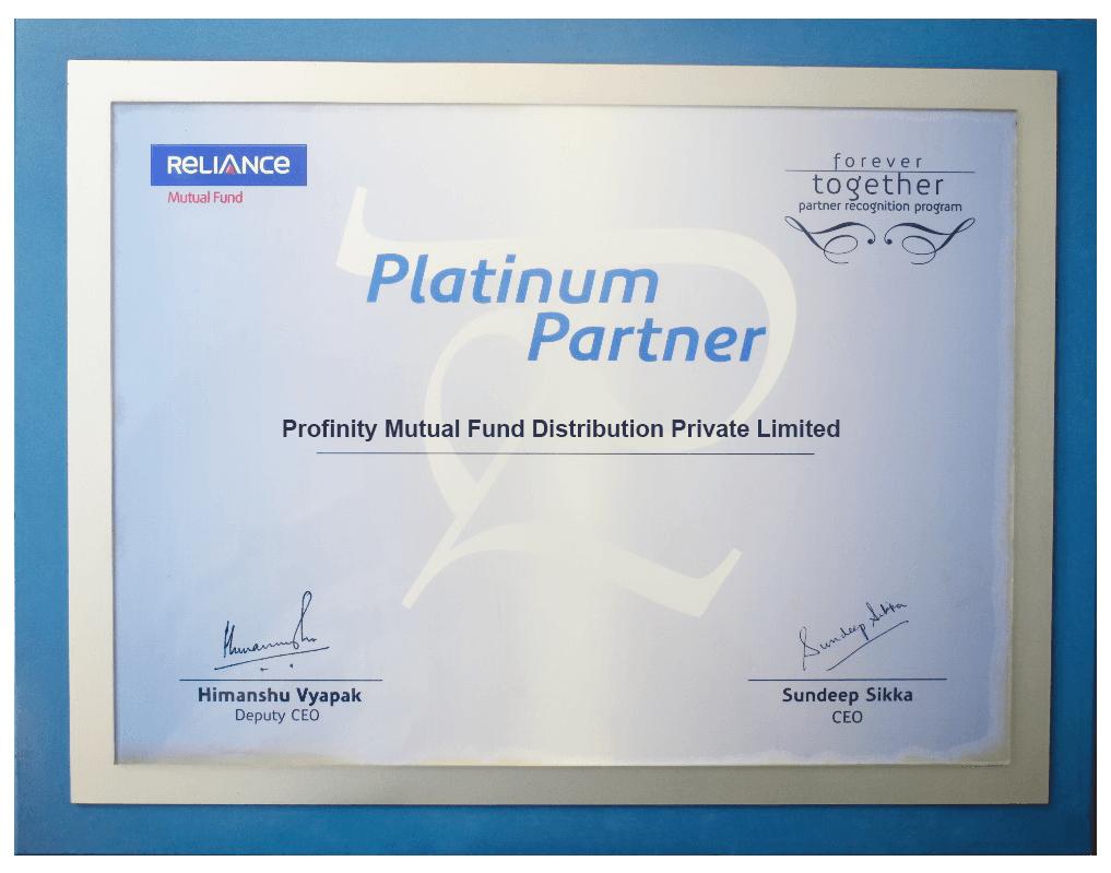 Reliance Mutual Fund Platinum Partner certificate for Profinity Mutual Fund Distribution Private Limited
