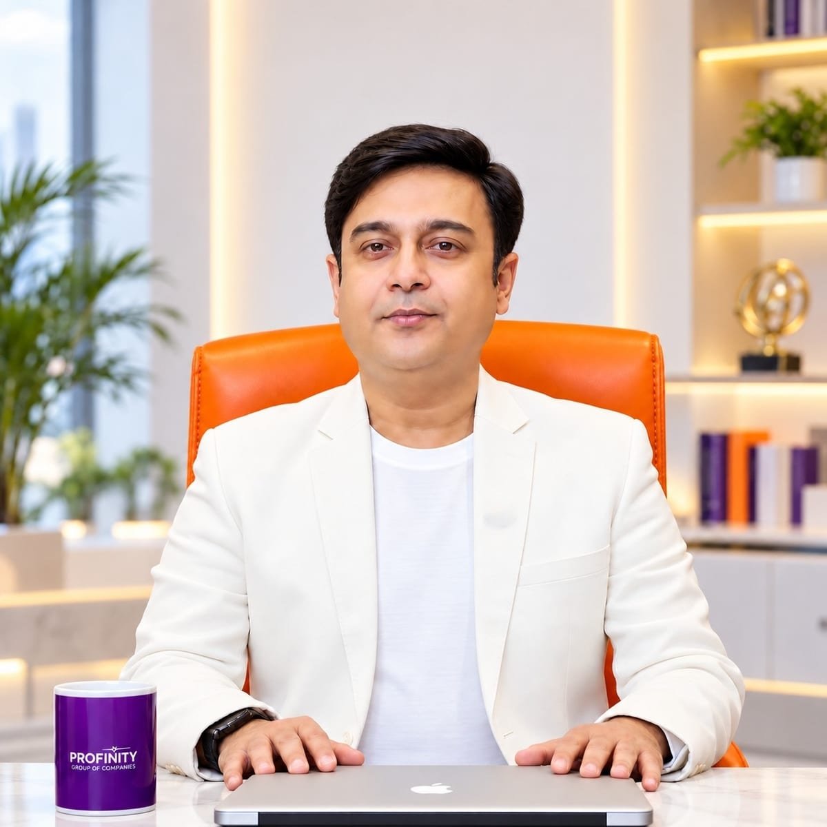 Ashish Paliwal seated at his office desk in a white blazer