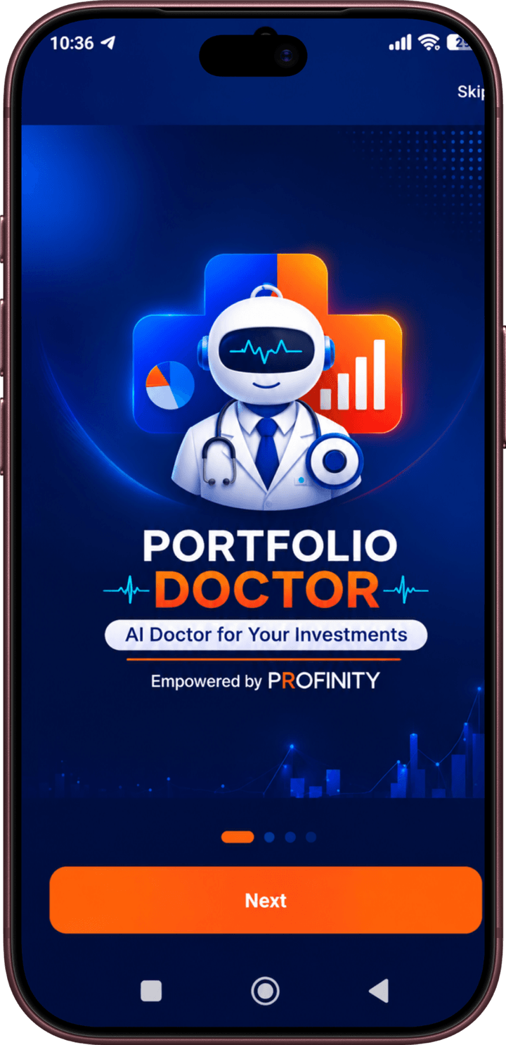 Portfolio Doctor onboarding screen: AI Doctor for Your Investments, empowered by Profinity